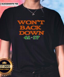 Hot Miami Hurricanes Won't Back Down 41-17 Ladies Tee featuring bold team colors and logo for passionate fans.