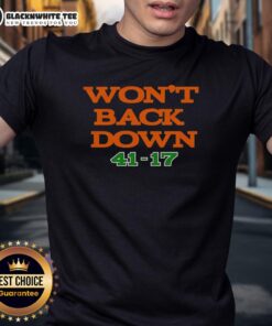 Alt Text: Hot Miami Hurricanes Wont Back Down 41-17 T-Shirt showcasing team spirit and victory in vibrant colors.