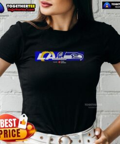 Alt Text: Ladies tee featuring the Los Angeles Rams and Seattle Seahawks logos for the 2026 NFL NFC Championship matchup.