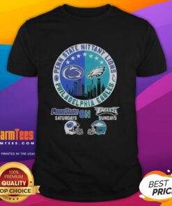 Hot Penn State Nittany Lions and Philadelphia Eagles helmet logo mashup t-shirt for game day fans.