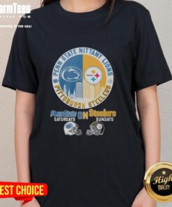Alt Text: Hot Pittsburgh Steelers and Penn State Nittany Lions helmet logo mashup on a ladies tee, perfect for game day.