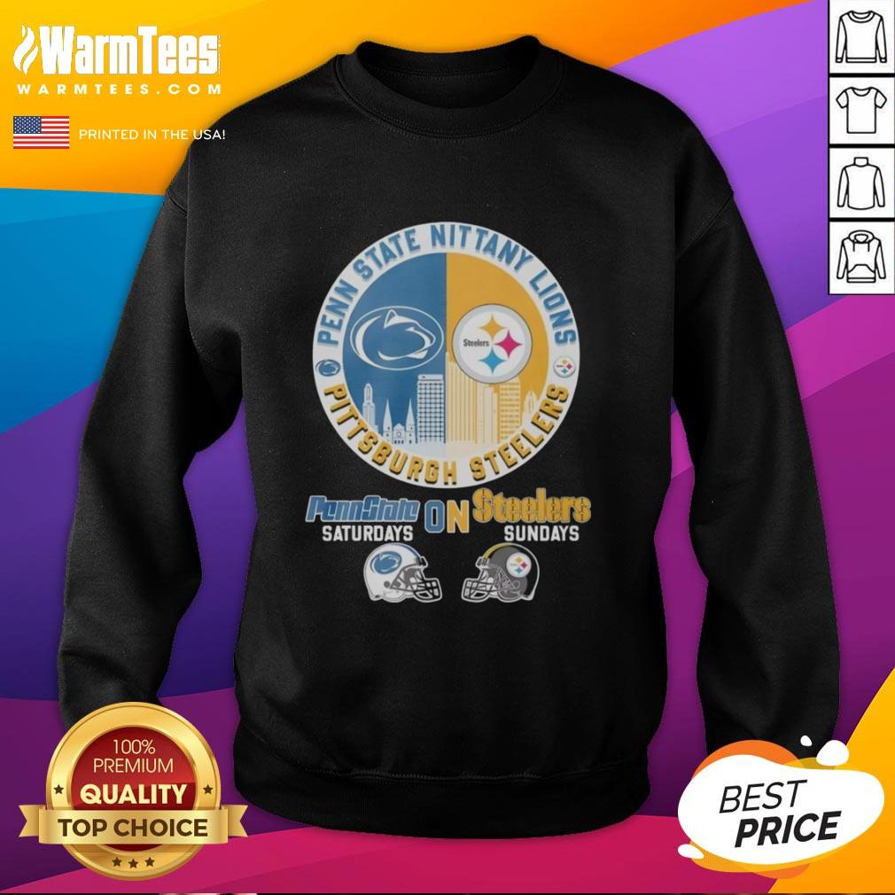hot-pittsburgh-steelers-on-saturdays-and-penn-state-nittany-lions-on-sundays-helmet-logo-mashup-sweatshirt Hot Pittsburgh Steelers and Penn State Nittany Lions helmet logo mashup sweatshirt for game day style.