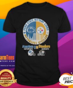 Alt Text: Hot Pittsburgh Steelers and Penn State Nittany Lions helmet logo mashup T-shirt design for football fans.