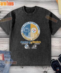 Alt Text: Hot Pittsburgh Steelers and Penn State Nittany Lions helmet logo mashup on a washed t-shirt for game day style.