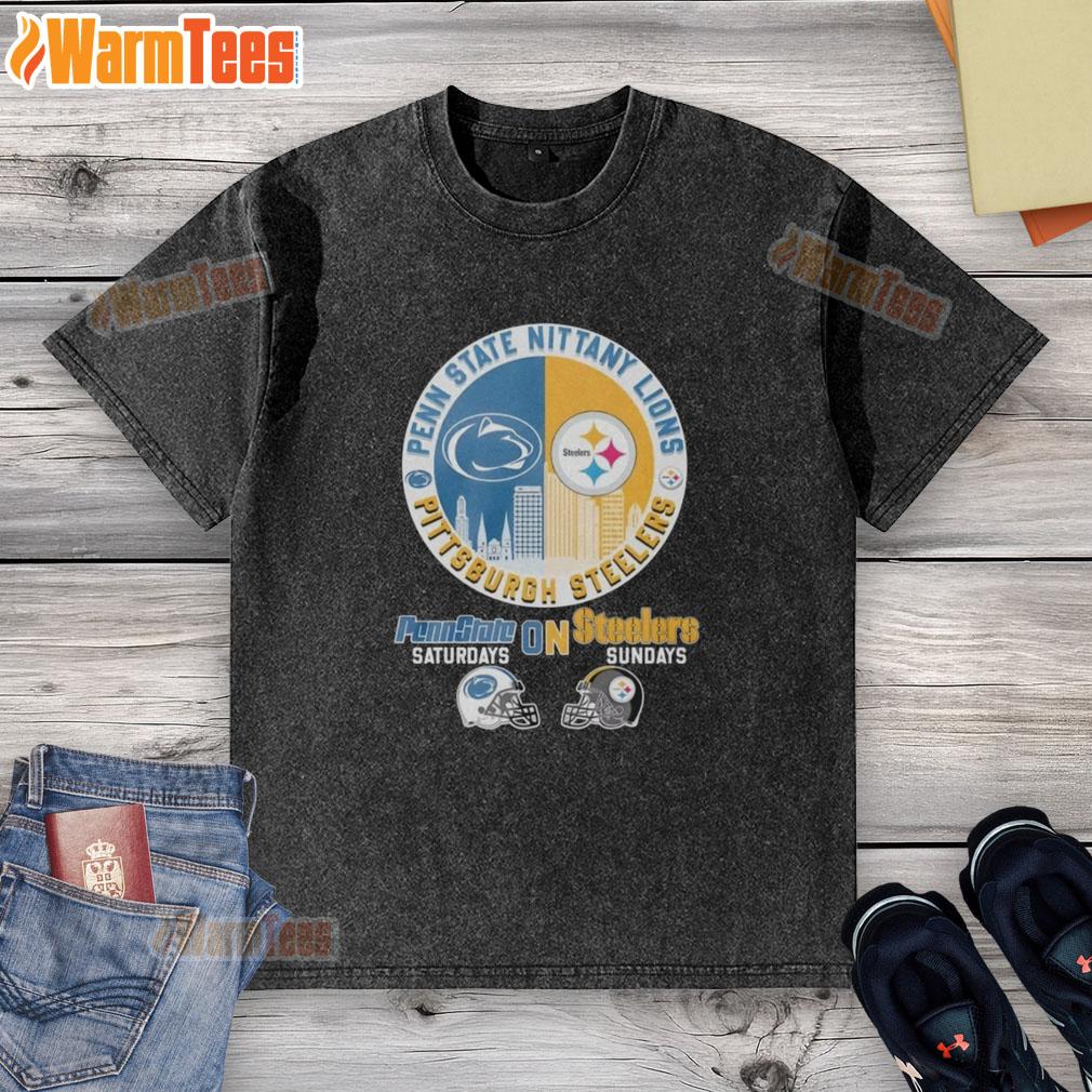 hot-pittsburgh-steelers-on-saturdays-and-penn-state-nittany-lions-on-sundays-helmet-logo-mashup-washed-t-shirt Alt Text: Hot Pittsburgh Steelers and Penn State Nittany Lions helmet logo mashup on a washed t-shirt for game day style.