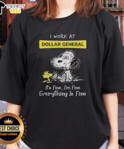 Alt Text: Hot Snoopy and Woodstock graphic on a ladies tee, featuring 'I work at Dollar General, it's fine, I'm fine' design.