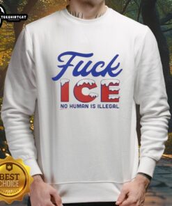 Hot Snowy Fuck Ice sweatshirt featuring 'No Human is Illegal' message, perfect for winter activism and style.
