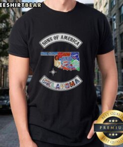 Hot Son Of America Oklahoma Map Sports Logos Combine T-Shirt featuring vibrant graphics and state pride design.