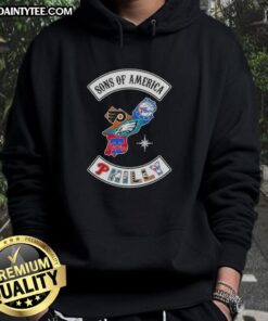 Alt Text: Hot Son of America hoodie featuring Philadelphia map and sports logos, perfect for fans and stylish wear.