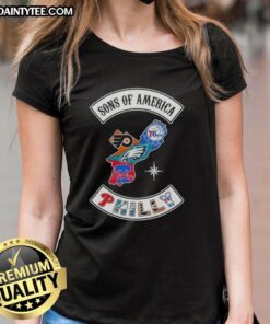 Alt Text: Hot Son of America Philadelphia Map with Sports Logos on a Ladies Tee, perfect for sports fans and city lovers.
