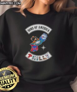 Hot Son of America Philadelphia map sweatshirt featuring sports logos, perfect for fans of Philly sports.