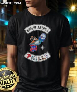 Hot Son Of America Philadelphia Map Sports Logos Combine T-Shirt showcasing vibrant team logos on a stylish graphic tee.