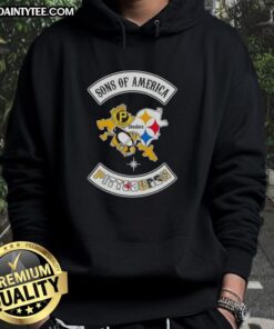 Alt Text: Hot Son of America Pittsburgh map hoodie featuring sports logos, perfect for fans of Pittsburgh sports culture.