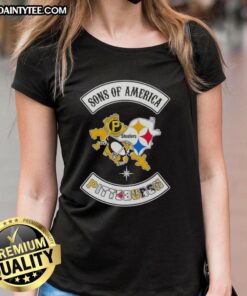 Alt Text: Hot Son of America Pittsburgh Map Sports Logos Combine Ladies Tee featuring vibrant sports team designs.