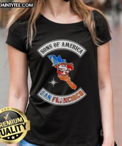 Hot Son of America San Francisco map t-shirt featuring sports logos for ladies - trendy graphic tee design.