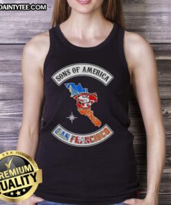 Alt Text: Hot Son Of America San Francisco map tank top featuring sports logos, perfect for stylish fans and summer wear.