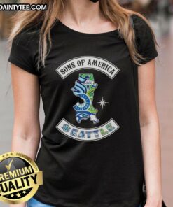 Hot Son of America Seattle map design with sports logos on a ladies tee, perfect for Seattle sports fans.