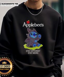 Hot Stitch Cosplay Toothless X Applebee's sweatshirt featuring quirky design, promoting 'Stay Different Stay Weird' message.