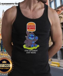Hot Stitch cosplay featuring Toothless on a Burger King 'Stay Different, Stay Weird' tank top.
