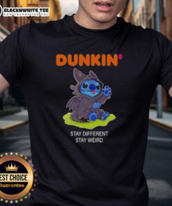 Alt Text: Hot Stitch Cosplay Toothless X Dunkin T-Shirt showcasing a unique design, perfect for fans of quirky fashion.