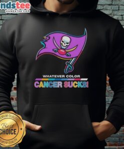 Hot Tampa Bay Buccaneers hoodie featuring bold 'Cancer Sucks' logo in team colors, perfect for fans supporting a cause.