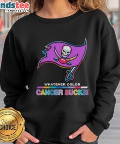 Hot Tampa Bay Buccaneers football sweatshirt in vibrant colors, supporting cancer awareness with a bold logo design.