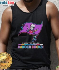 Hot Tampa Bay Buccaneers football tank top featuring colorful 'Cancer Sucks' logo for fans and supporters.