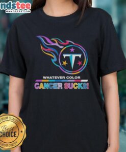 Hot Tennessee Titans Football ladies tee featuring colorful 'Cancer Sucks' logo, perfect for fans and supporters.