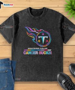 Alt Text: Hot Tennessee Titans Football washed t-shirt featuring vibrant colors and 'Cancer Sucks' logo for fans.