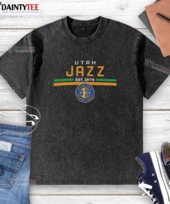 Alt Text: Hot Utah Jazz Est 1979 logo on a washed t-shirt, showcasing vintage style and team spirit in casual wear.