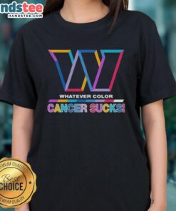 Hot Washington Commanders football ladies tee featuring colorful 'Cancer Sucks' logo design for team spirit and support.