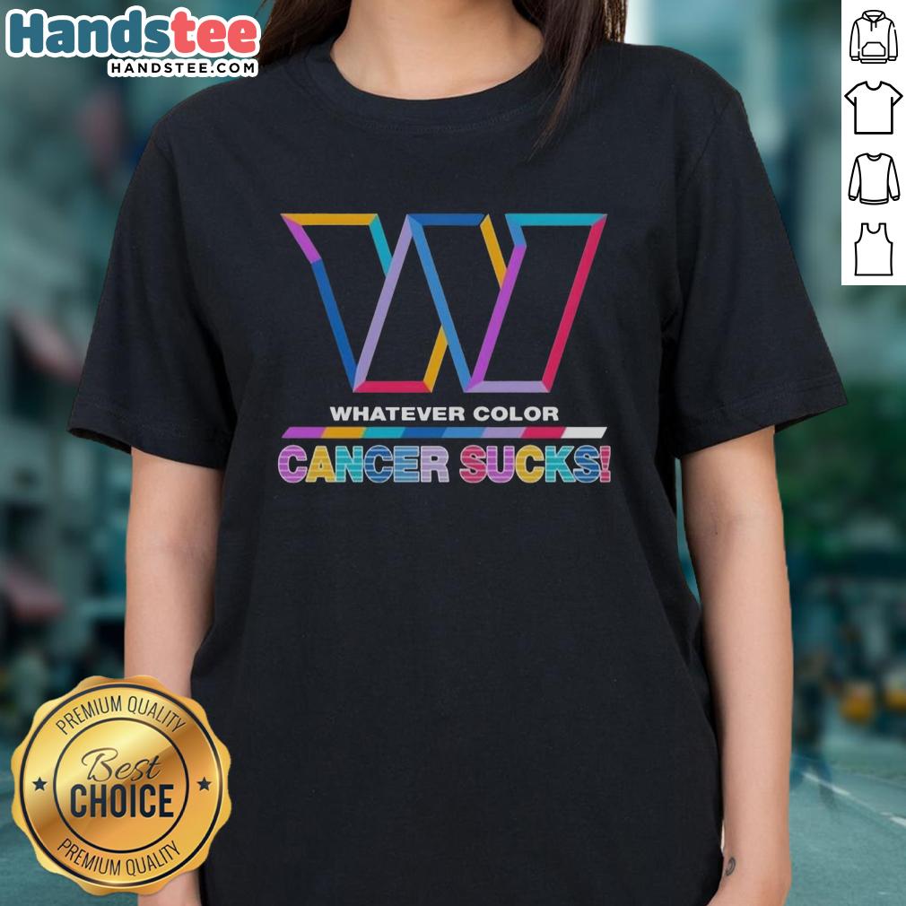 hot-washington-commanders-football-whatever-color-cancer-sucks-logo-colors-ladies-tee Hot Washington Commanders football ladies tee featuring colorful 'Cancer Sucks' logo design for team spirit and support.