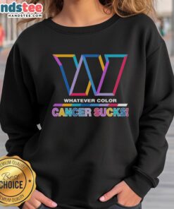 Alt Text: Hot Washington Commanders football sweatshirt featuring vibrant colors and a Cancer Sucks logo design.