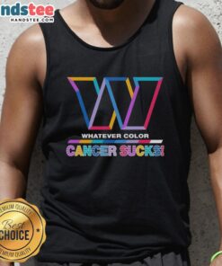 Hot Washington Commanders football tank top featuring colorful 'Cancer Sucks' logo design for team spirit and awareness.
