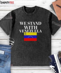 Hot We Stand With Venezuela flag washed t-shirt featuring vibrant colors and bold graphic design.