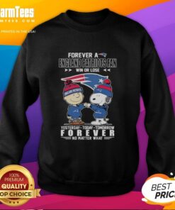Pretty Charlie Brown fist bump with Snoopy, celebrating New England Patriots fandom in win or lose sweatshirt.