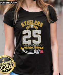 Alt Text: Pittsburgh Steelers 2025 AFC North Division Champions ladies tee featuring all player signatures.