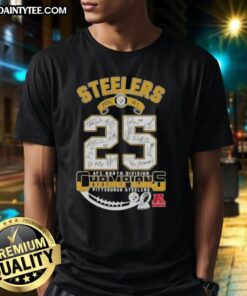 2025 AFC North Division Champions Pittsburgh Steelers T-Shirt featuring signatures of team players and memorabilia design.