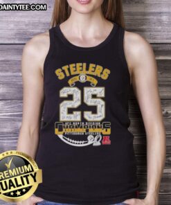 2025 AFC North Division Champions Pittsburgh Steelers tank top featuring player signatures and team logo.