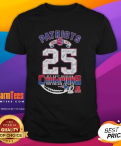 2025 AFC East Division Champions New England Patriots T-shirt featuring signatures of team players and a bold design.