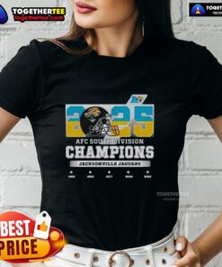 Alt Text: 2025 AFC South Division Champions Jacksonville Jaguars ladies tee showcasing team pride and stylish design.