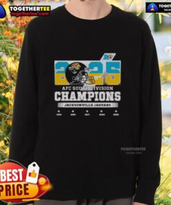 Jacksonville Jaguars sweatshirt celebrating the 2025 AFC South Division Champions title, perfect for fans.