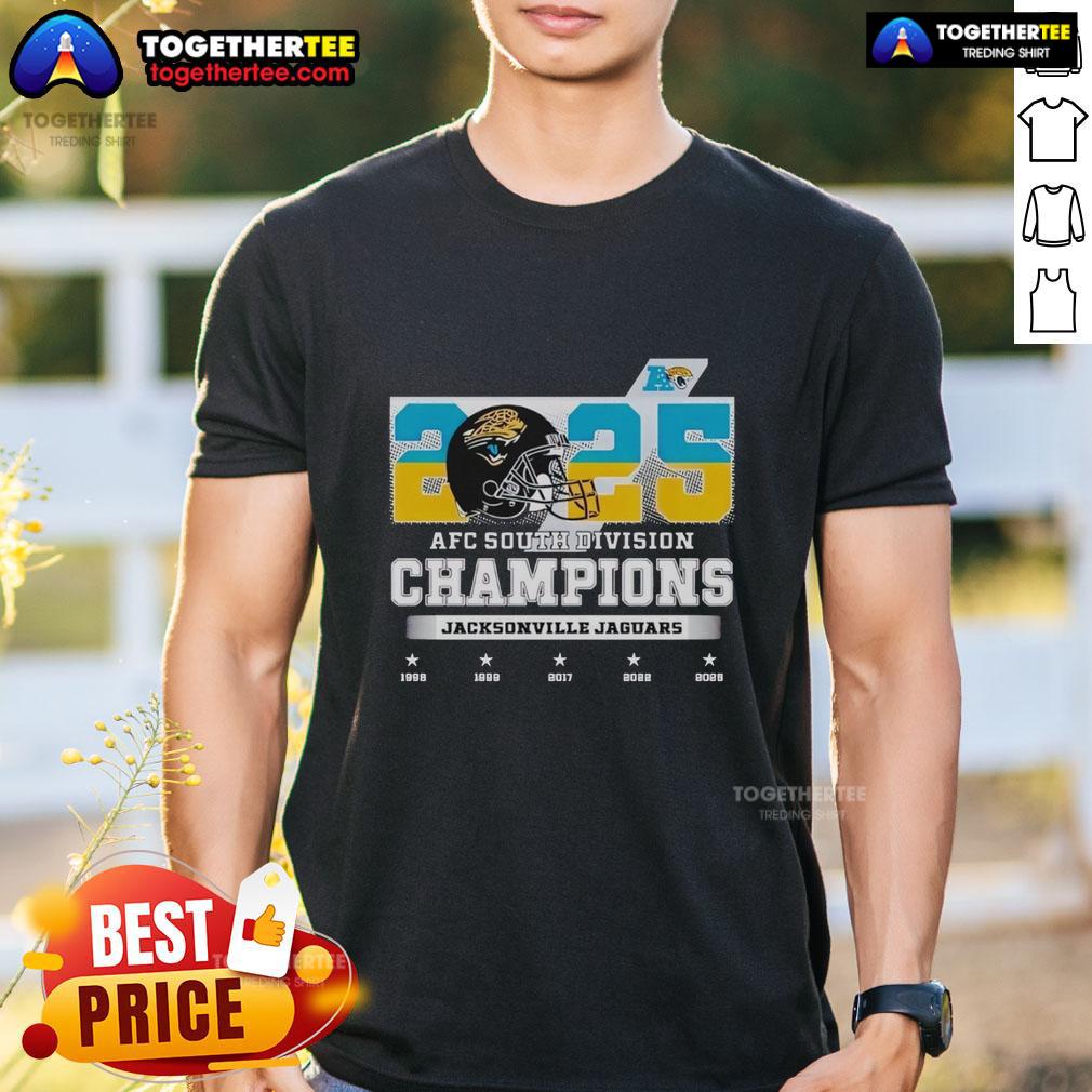 Nice 2025 Afc South Division Champions Jacksonville Jaguars T Shirt Jacksonville Jaguars 2025 AFC South Division Champions T-Shirt featuring team colors and logo, perfect for fans.