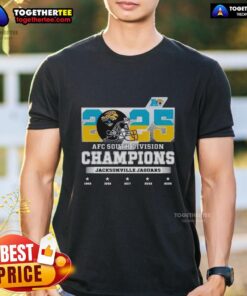 Jacksonville Jaguars 2025 AFC South Division Champions T-Shirt featuring team colors and logo, perfect for fans.
