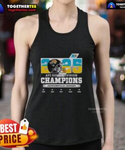 Jacksonville Jaguars 2025 AFC South Division Champions tank top featuring team colors and logo for fans.