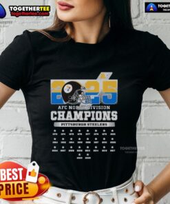 Alt Text: Pittsburgh Steelers Ladies Tee celebrating the 2025 AFC South Division Champions with vibrant team colors and logo.