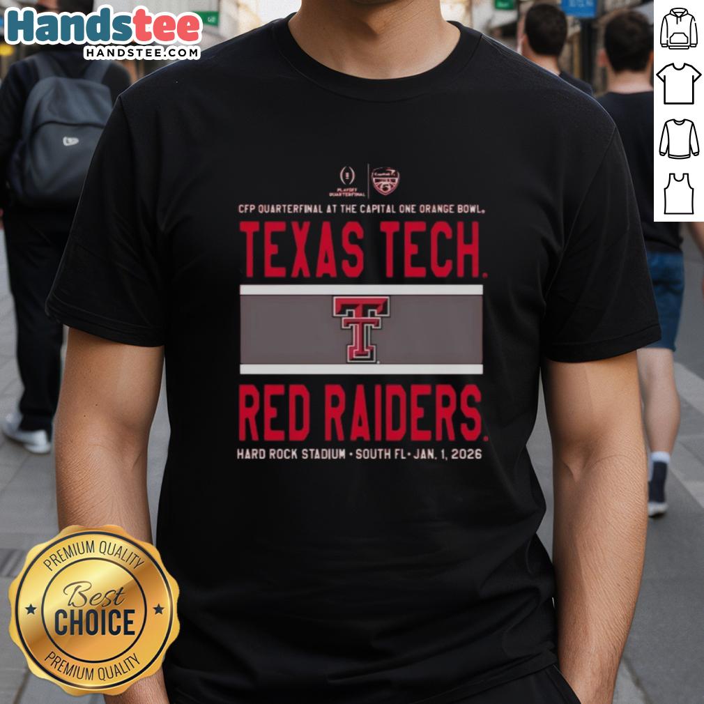 nice-2026-cfp-quarterfinal-at-the-capital-one-orange-bowl-texas-tech-red-raiders-logo-t-shirt-1 Alt Text: Texas Tech Red Raiders logo t-shirt for the 2026 CFP Quarterfinal at the Capital One Orange Bowl.