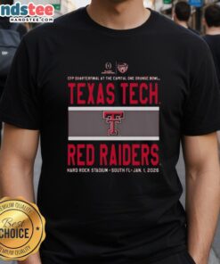 Alt Text: Texas Tech Red Raiders logo t-shirt for the 2026 CFP Quarterfinal at the Capital One Orange Bowl.