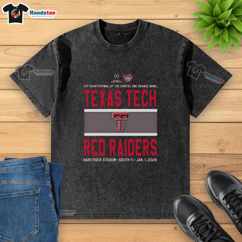 nice-2026-cfp-quarterfinal-at-the-capital-one-orange-bowl-texas-tech-red-raiders-logo-washed-t-shirt Alt Text: Texas Tech Red Raiders logo on a washed t-shirt for the Nice 2026 CFP Quarterfinal at the Capital One Orange Bowl.