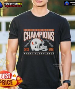 Alt Text: Classic T-shirt featuring the 2026 Fiesta Bowl Champions Miami Hurricanes helmet design, perfect for fans.